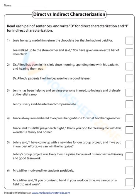 Direct And Indirect Characterization Worksheet