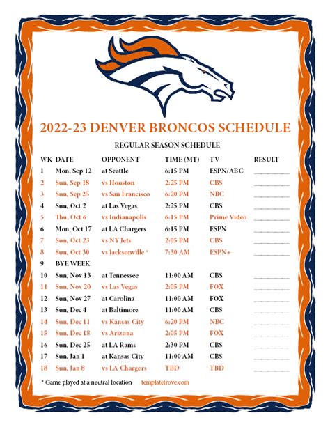 Printable 2022-2023 Denver Broncos Schedule