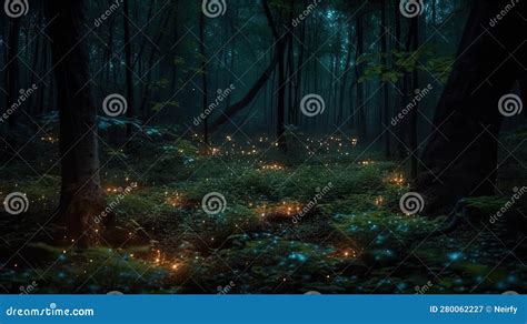 Fireflies in night forest stock illustration. Illustration of golden - 280062227