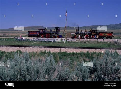 USA, UTAH, PROMONTORY POINT, GOLDEN SPIKE NATIONAL HISTORIC SITE, MEETING PLACE OF RAILROADS ...