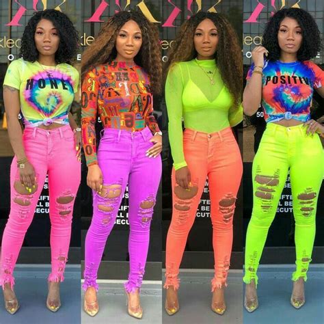 Pantalón | Neon outfits, Neon jeans, Black women fashion