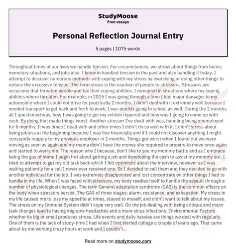 Personal Reflection Journal Entry Free Essay Example