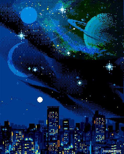 Skyline at night🌃#pixelart by #joojaebum--#pixel #skyline #digitalart ...