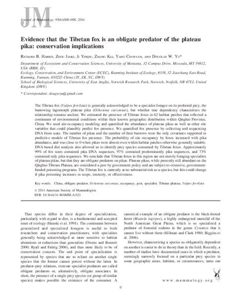 (PDF) Evidence that the Tibetan fox is an obligate predator of the plateau pika: conservation ...