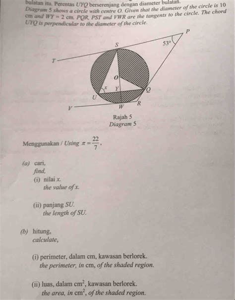 Solved: bulatan itu. Perentas /YQ berserenjang dengan diamet[geometry] - Gauthmath