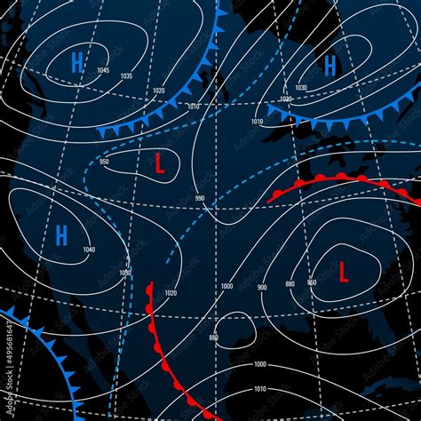 Forecast weather isobar on american night map, meteorology wind fronts and vector temperature ...