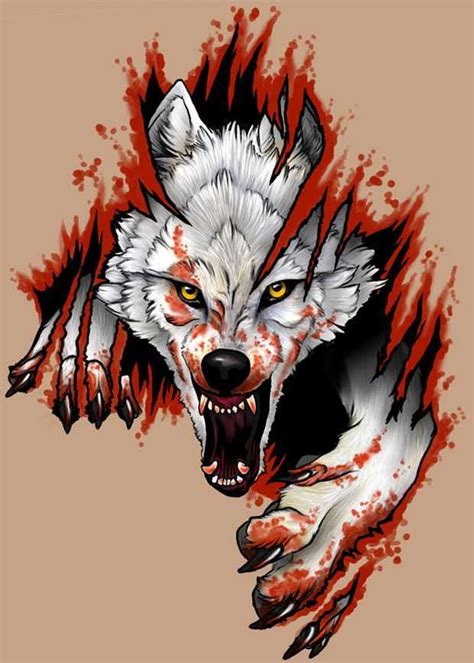 Dire blooded white wolf tearing brown background tattoo design - Tattooimages.biz