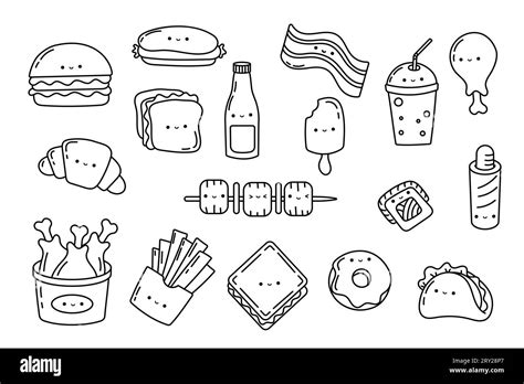 Set Kawaii Sticker Fast Food Coloring Page. Collection Cute Kawaii Fast ...