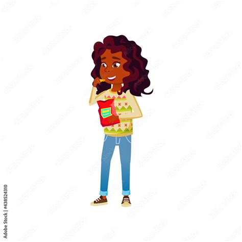 happy african girl kid eating chips cartoon vector. happy african girl kid eating chips ...