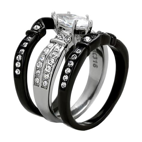 MABELLA His and Hers Wedding Ring Sets Couples Matching Rings Black Women's Stainless Steel ...