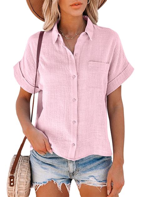 Summer Women Short Sleeve Tops Button Down Collar Blouse Tops T shirt Short Lapel Tops - Walmart.com