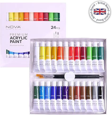 Nova Acrylic Paint Set (24 Pack) 12ml Each-3 Free Brushes – Blendable, Quality Pigment, Vibrant ...