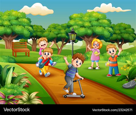 Cartoon group of children playing in the park Vector Image