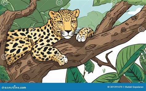 A Leopard is Sleeping on a Tree Branch Stock Illustration - Illustration of camouflage, predator ...