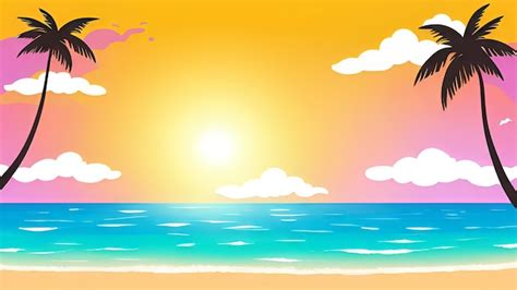 A cartoon drawing of a beach with a sunset and a bird flying in the sky ...