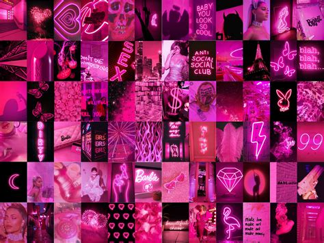 100 Neon Pink Wall Collage Kit, Pink Aesthetic Photo Prints, Neon Pink Printable Pictures for ...