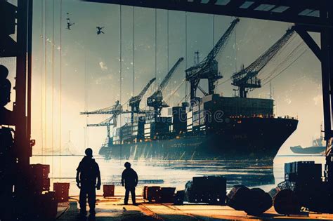 Cargo Port, with Busy Workers and Cargo Ships in the Background, Double Exposure Stock ...