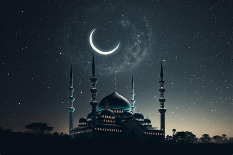 Premium Photo | Mosque silhouette in night sky with crescent moon and star