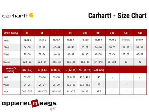 Carhartt - Size Chart - ApparelnBags.com