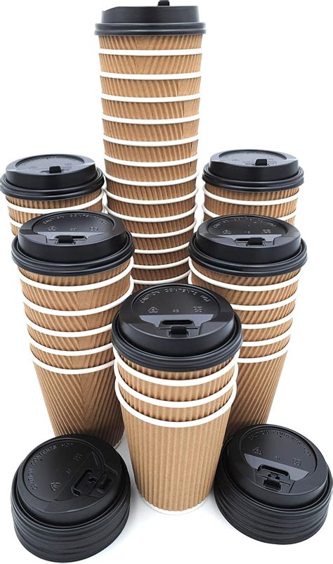 [100 Pack] Takeaway Coffee Cups with Lids | Disposable Insulated Triple Wall Ripple Kraft Paper ...