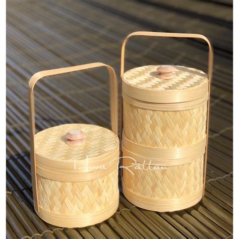 Bakul kuih buluh Afternoon tea bamboo tiffin with handle & cover Rantang Bakul anyaman buluh ...