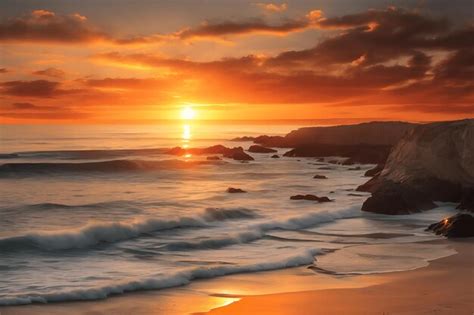 Premium AI Image | A fiery sunset over a calm ocean coast