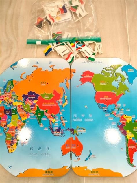 Wooden world map and flags, Hobbies & Toys, Toys & Games on Carousell