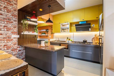 Modern Open Kitchen Design with River Stone and Marrigold Yellow ...