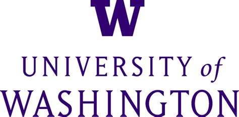 the university of washington logo is shown in purple and black on an off white background