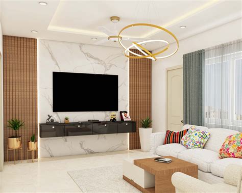 Contemporary TV Unit Design with Marble Wall Panel and Pendant Lights | Livspace