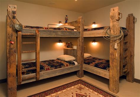 Traditional style bunk beds featuring timbers and Western accents. | Rustic bunk beds, Bunk bed ...