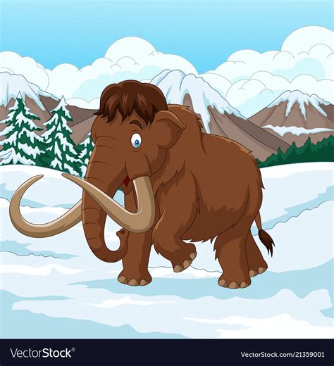 Cartoon woolly mammoth walking through a snowy fie