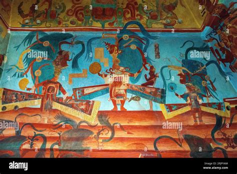 Mayan fresco mural painting in room 3 of the temple of murals in the Maya city of Bonampak ...