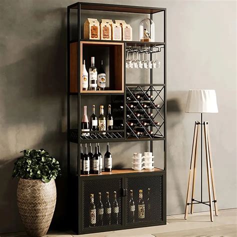 Free Shipping on Industrial Black 5-Tier Metal Wine Cabinet with Glass Holder for Home Bar ...