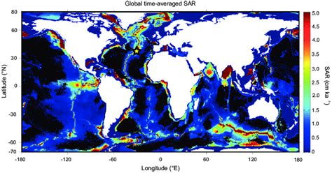 Map of time-averaged deep-sea sediment accumulation rates (SARs ...