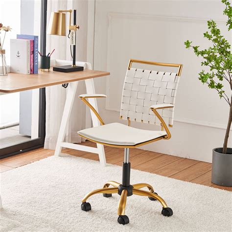 LUXMOD Mid Back Office Chair with Armrest, White Adjustable Swivel Chair in Durable Vegan ...