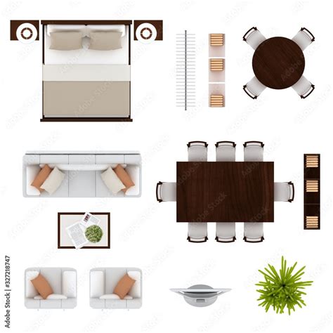 Floor plan furniture set top view 3D illustration. Stock Illustration | Adobe Stock