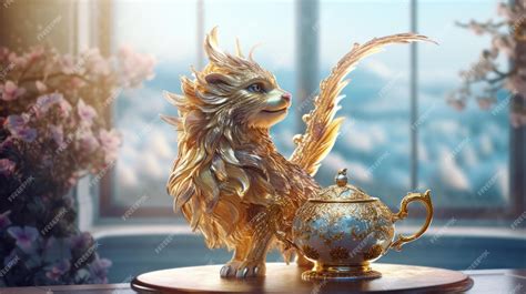 Premium AI Image | A gold dragon statue with a teapot in the background