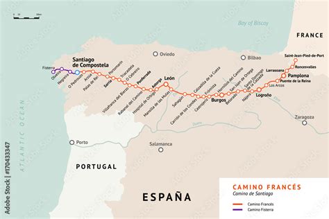 French Way map. Camino De Santiago or The Way of St.James. France. Ancient pilgrimage path to ...