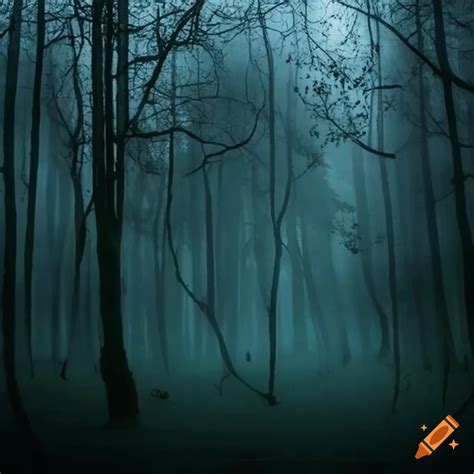 Eerie night scene in a foggy forest on Craiyon