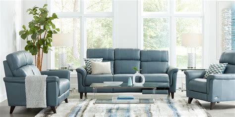 Cindy Crawford Home Avezzano Blue 3 Pc Leather Living Room with Dual Power Reclining Sofa ...