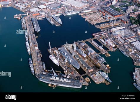 Aerial View of British Naval Base Portsmouth UK showing HMS Ark Royal ...