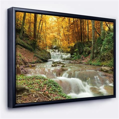 Designart Forest Waterfall with Yellow Trees- Large Landscape Framed ...