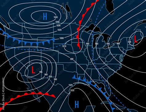 Vetor de Forecast weather isobar night map of USA. Meteorology diagram with wind front and ...