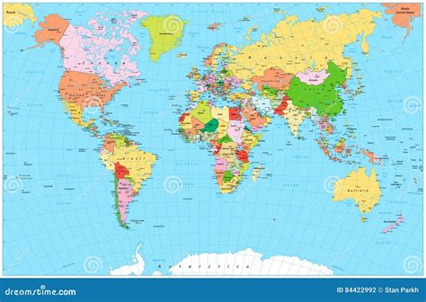 Detailed Political World Map: Countries, Cities, Water Objects Cartoon Vector | CartoonDealer ...