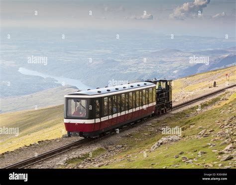 Snowdon Mountain Railway train, summit of Snowdon, Snowdonia National Park, Gwynedd, Wales, UK ...