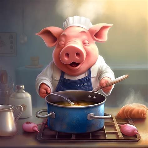 Premium AI Image | A pig is cooking in a kitchen with a blue pot on the stove.