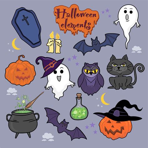 Vector cartoon drawing Halloween character elements, blue vampire grave, orange pumpkin wearing ...