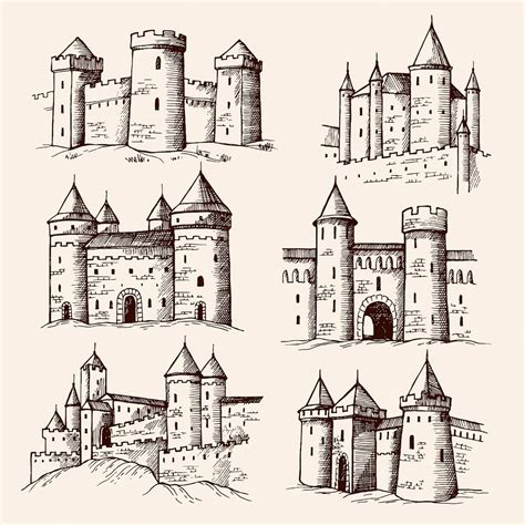 Premium Vector | Medieval castles drawing ancient building towers gothic architectural objects ...