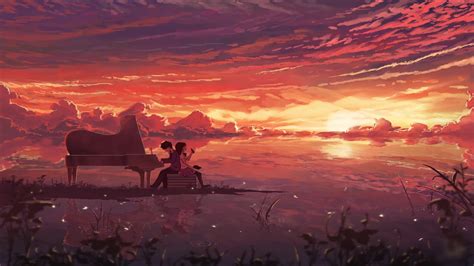 Anime Couple Playing The Piano And Watching The Sunset Live Wallpaper - MoeWalls